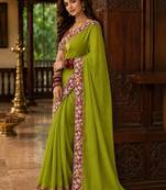 Lime floral embroidered poly chiffon saree