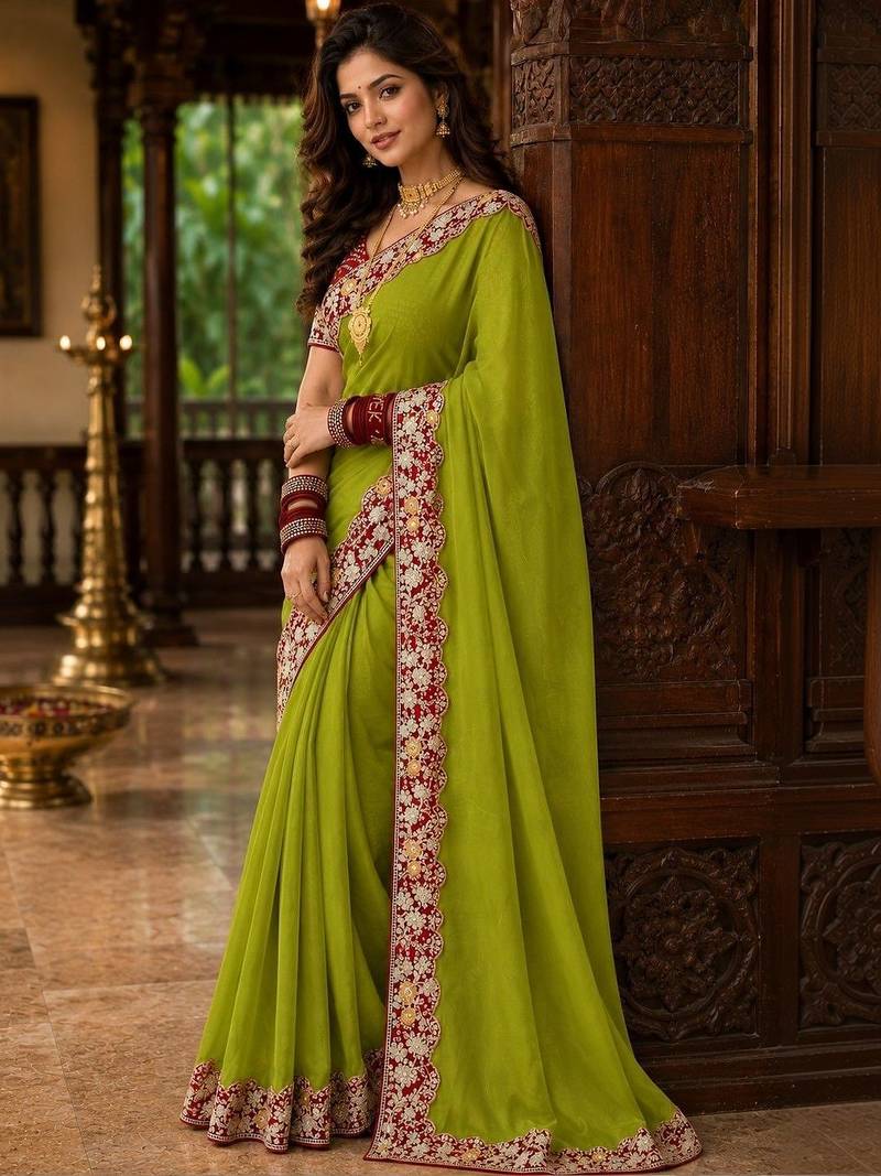 Lime floral embroidered poly chiffon saree