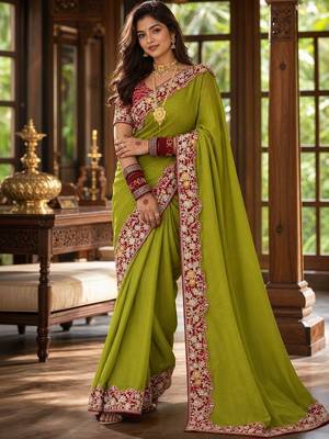 Lime floral embroidered poly chiffon saree 2