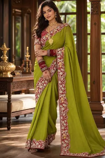 Lime floral embroidered poly chiffon saree