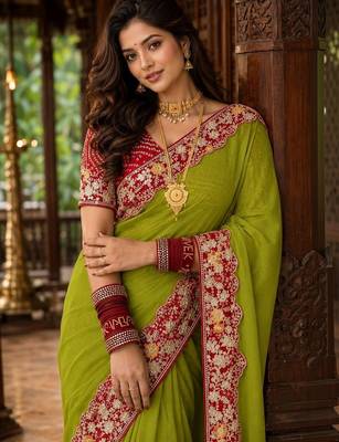 Lime floral embroidered poly chiffon saree 3