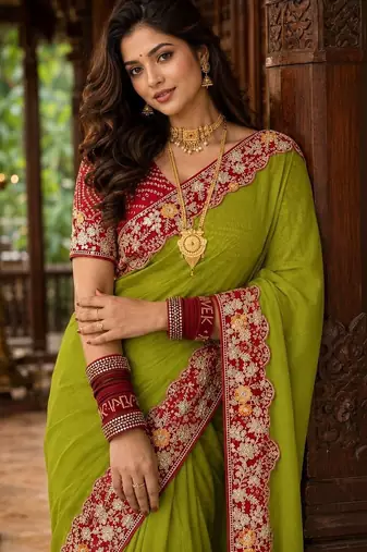 Lime floral embroidered poly chiffon saree