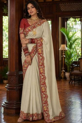 Off white floral embroidered poly chiffon saree