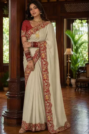 Off white floral embroidered poly chiffon saree