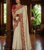 Off white floral embroidered poly chiffon saree