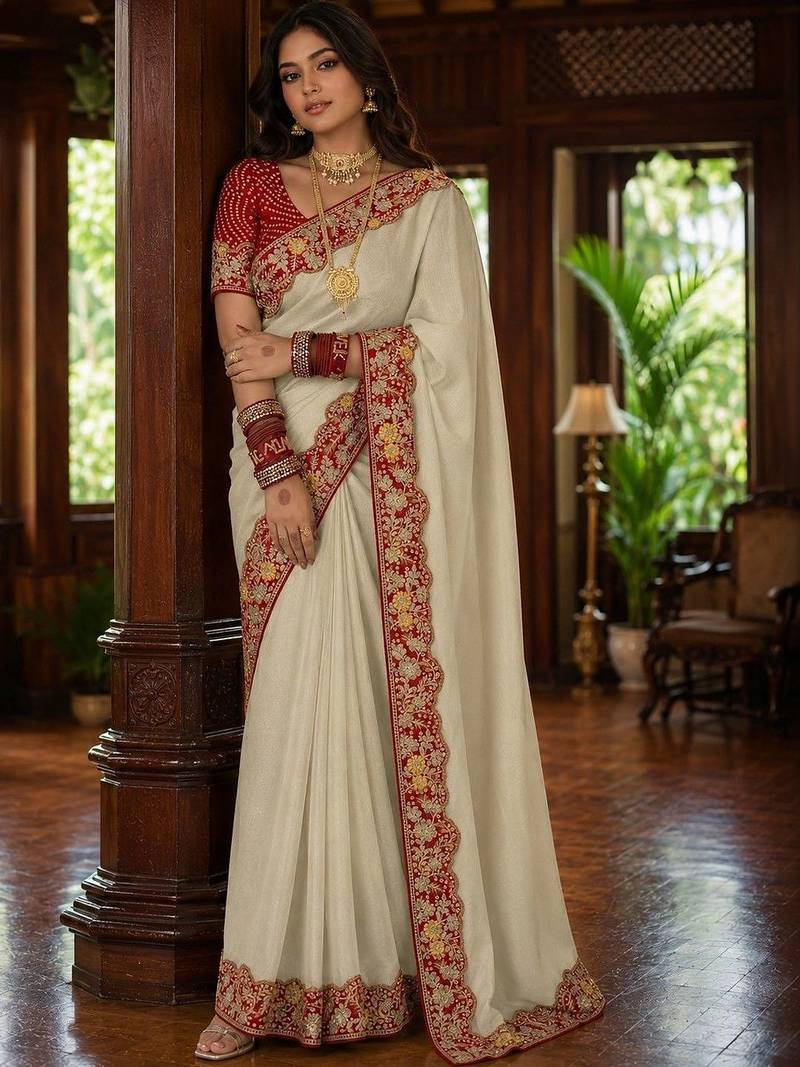 Off white floral embroidered poly chiffon saree