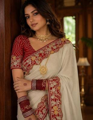 Off white floral embroidered poly chiffon saree 2