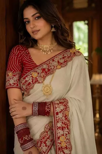 Off white floral embroidered poly chiffon saree