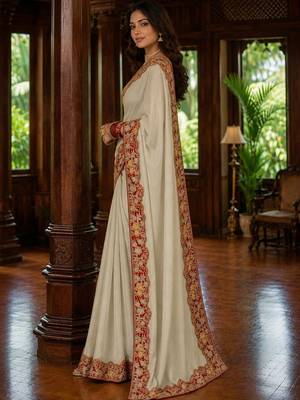 Off white floral embroidered poly chiffon saree 3