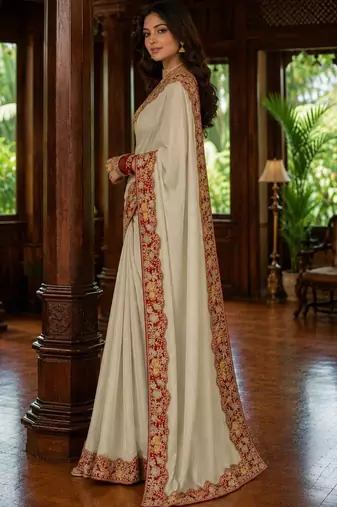 Off white floral embroidered poly chiffon saree