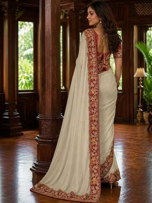 Off white floral embroidered poly chiffon saree 4