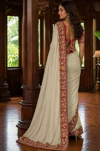Off white floral embroidered poly chiffon saree