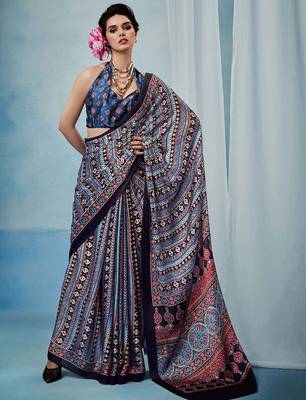 Blue women modal ajrak printed satin block print sareewith blouse piece 1