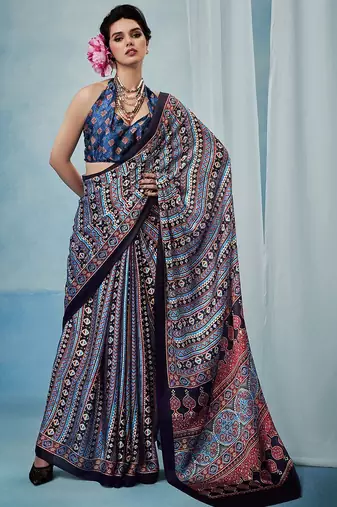 Blue women modal ajrak printed satin block print sareewith blouse piece