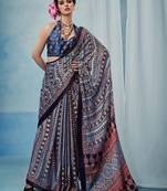 Blue women modal ajrak printed satin block print sareewith blouse piece