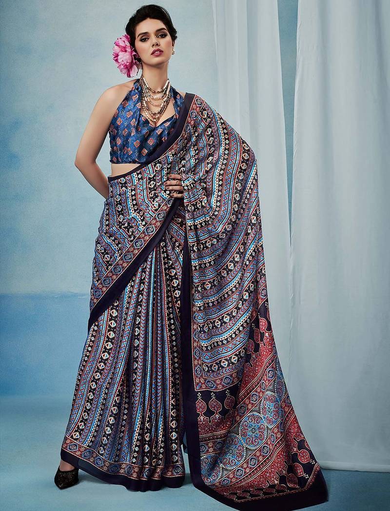 Blue women modal ajrak printed satin block print sareewith blouse piece
