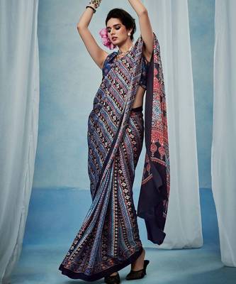 Blue women modal ajrak printed satin block print sareewith blouse piece 2