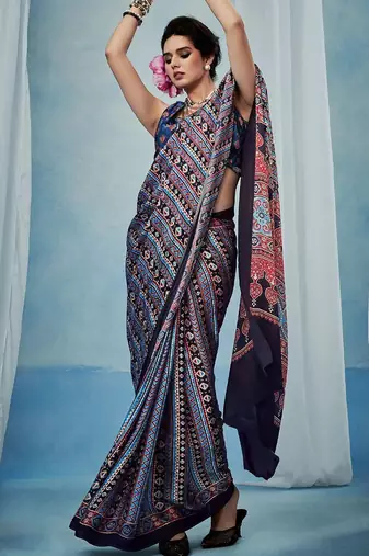 Blue women modal ajrak printed satin block print sareewith blouse piece