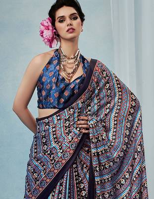 Blue women modal ajrak printed satin block print sareewith blouse piece 3