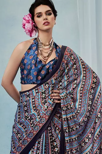 Blue women modal ajrak printed satin block print sareewith blouse piece
