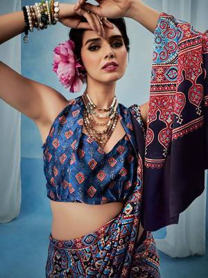 Blue women modal ajrak printed satin block print sareewith blouse piece 4
