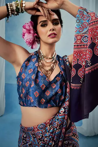 Blue women modal ajrak printed satin block print sareewith blouse piece