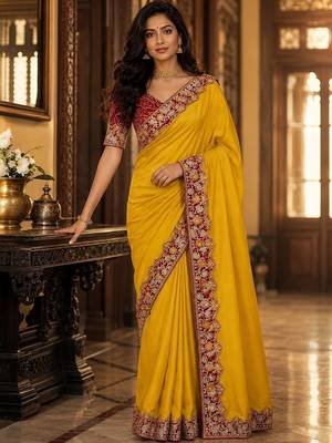 Yellow floral embroidered poly chiffon saree 1