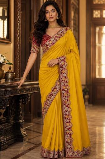 Yellow floral embroidered poly chiffon saree