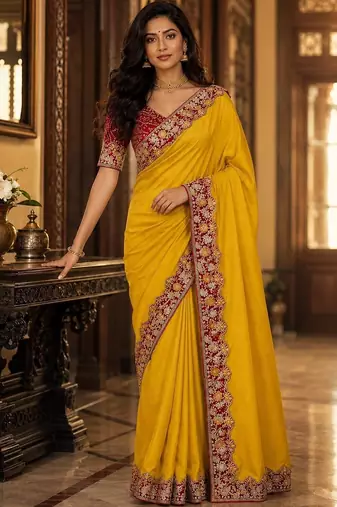 Yellow floral embroidered poly chiffon saree