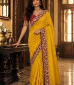 Yellow floral embroidered poly chiffon saree
