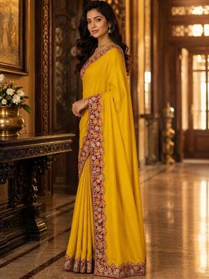 Yellow floral embroidered poly chiffon saree 2