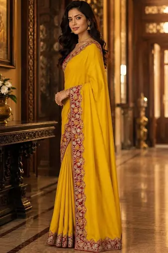 Yellow floral embroidered poly chiffon saree