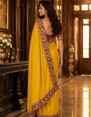 Yellow floral embroidered poly chiffon saree 3