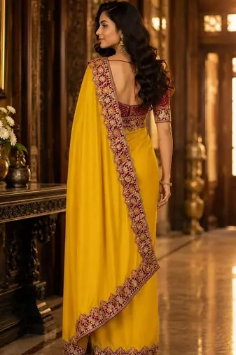 Yellow floral embroidered poly chiffon saree