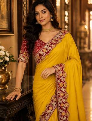 Yellow floral embroidered poly chiffon saree 4
