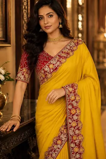 Yellow floral embroidered poly chiffon saree