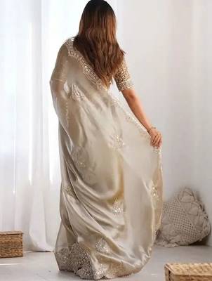 Beige ethnic motifs sequinned organza heavy work saree 2
