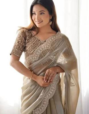 Beige ethnic motifs sequinned organza heavy work saree 3