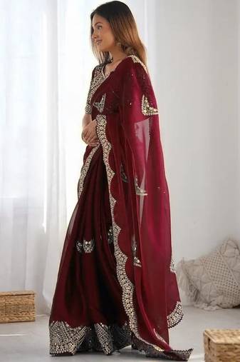 Maroon embellished sequinned organza heavy work saree