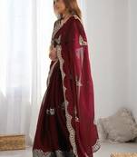 Maroon embellished sequinned organza heavy work saree