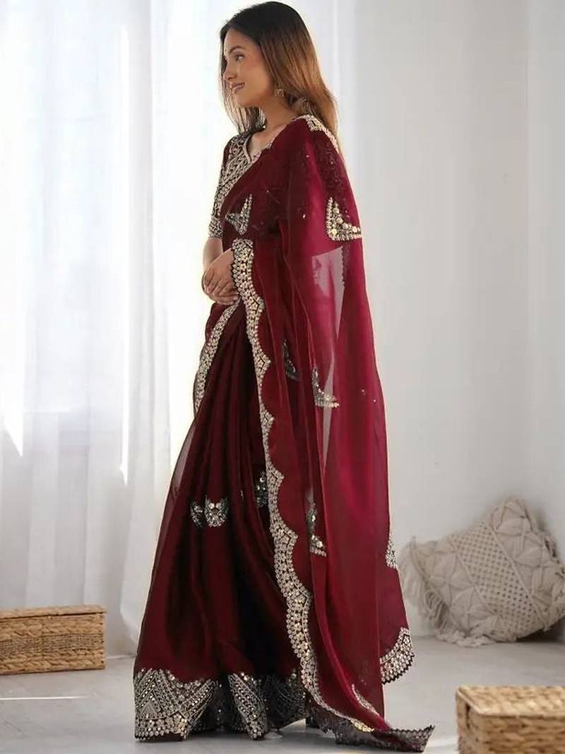 Maroon embellished sequinned organza heavy work saree