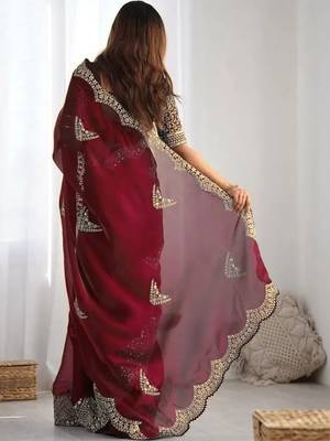 Maroon embellished sequinned organza heavy work saree 2