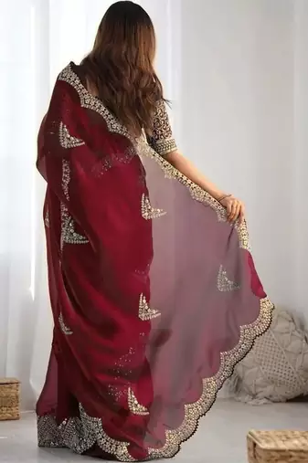Maroon embellished sequinned organza heavy work saree