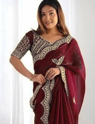 Maroon embellished sequinned organza heavy work saree 3