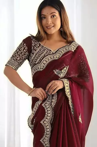 Maroon embellished sequinned organza heavy work saree