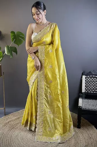 Yellow floral embroidered sequinned  saree
