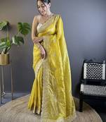 Yellow floral embroidered sequinned  saree