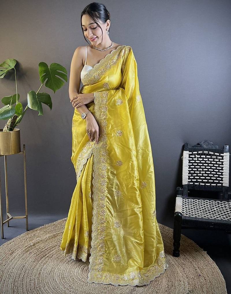 Yellow floral embroidered sequinned  saree