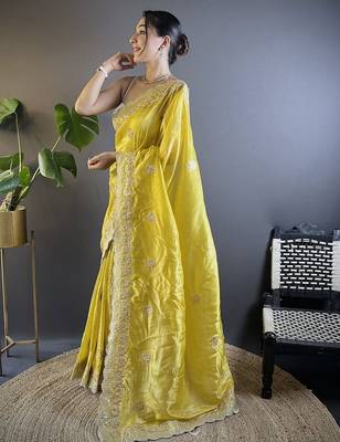 Yellow floral embroidered sequinned  saree 2