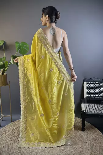 Yellow floral embroidered sequinned  saree